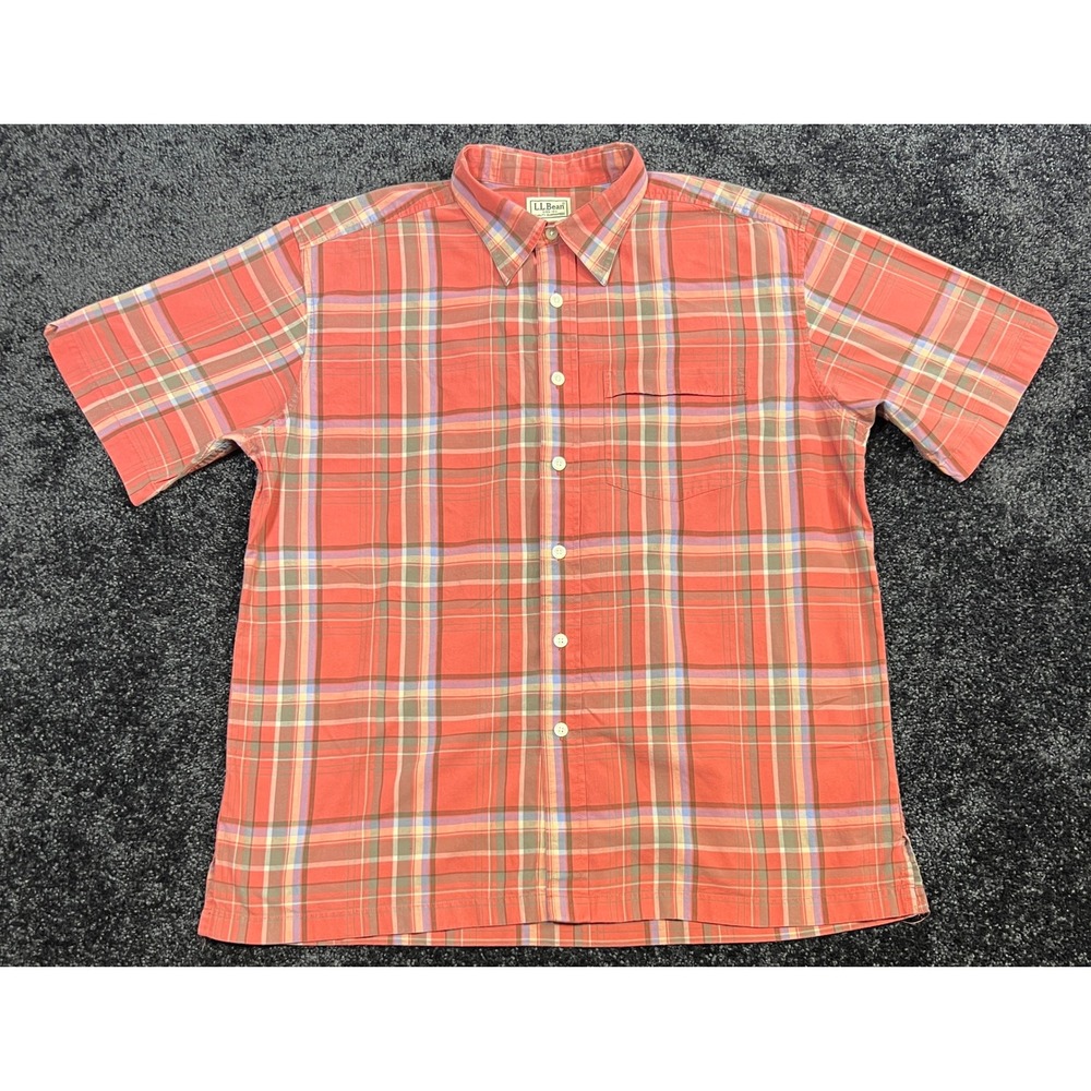 L.L. Bean Men's Plaid Short Sleeve Button Up Red Shirt Size Large Item 0CDJ7